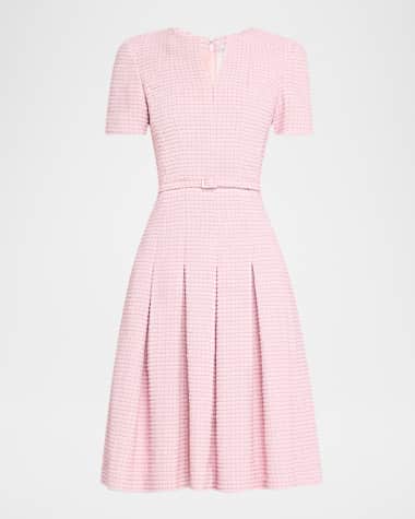 Oscar de la Renta Short-Sleeve Metallic Check Tweed Flare Dress With Belt