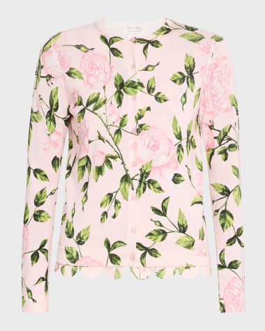 Oscar de la Renta English Rose Printed Crewneck Cardigan With Scalloped Trim