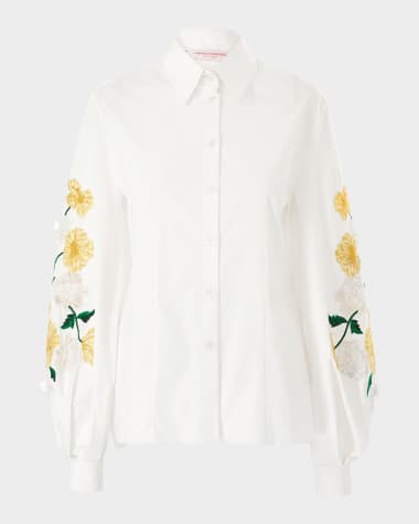 Carolina Herrera Flower Embroidered Puff-Sleeve Button-Down Shirt