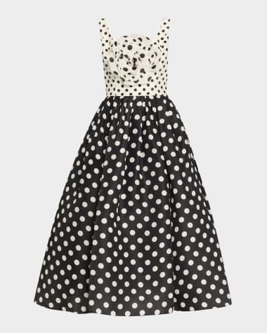 Carolina Herrera Polka-Dot Flower Sleeveless Tea-Length Dress