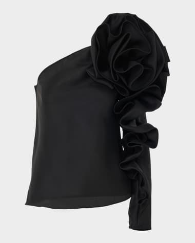 Carolina Herrera One-Shoulder Flower Sleeve Silk Top