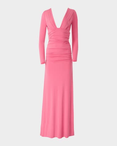 Carolina Herrera Plunging Ruched Long-Sleeve Maxi Dress