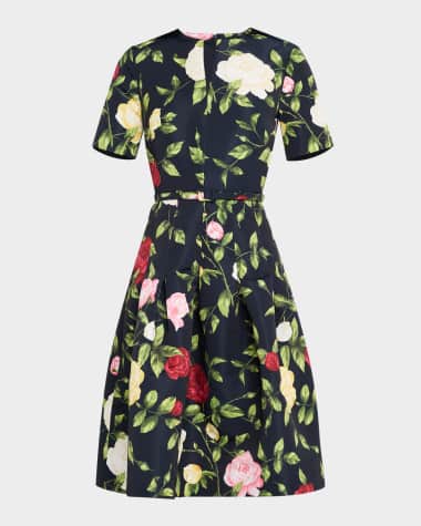 Oscar de la Renta Short-Sleeve Belted English Rose Faille Dress