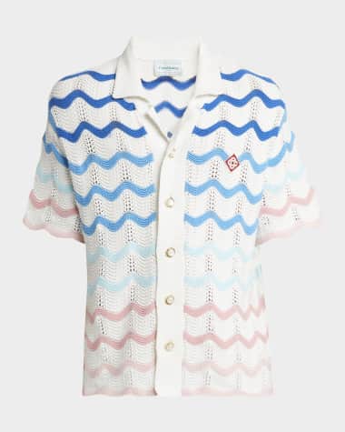 CASABLANCA Men's Crochet Wave Stripe Short-Sleeve Shirt