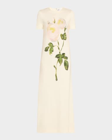 Oscar de la Renta Painted White Roses Jersey Short-Sleeve Maxi Dress