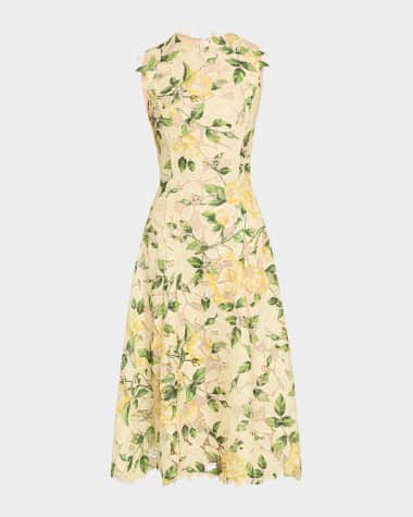 Oscar de la Renta Sleeveless Printed Garden Rose Guipure A-Line Dress