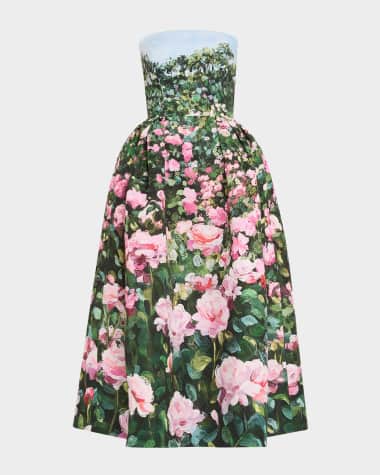 Oscar de la Renta Strapless Painted Bellflower Faille Gown