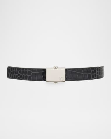 Ferragamo Men's Square-Buckle Reversible Croc-Effect Leather Belt