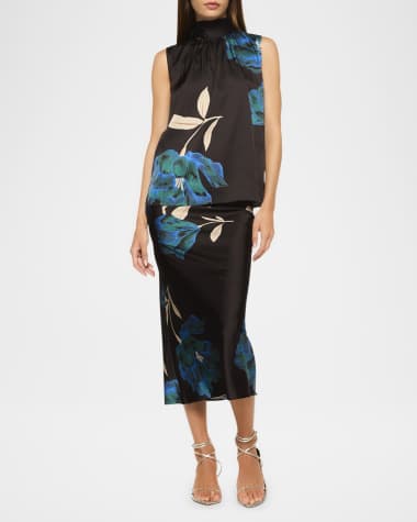 MISA Los Angeles Fay Floral Satin Midi Skirt