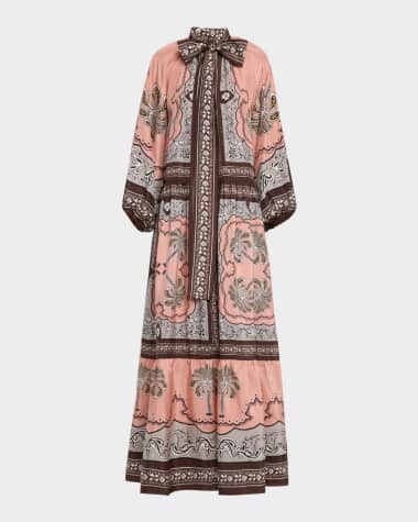 La DoubleJ Athena Balloon-Sleeve Neck-Tie Silk Maxi Dress