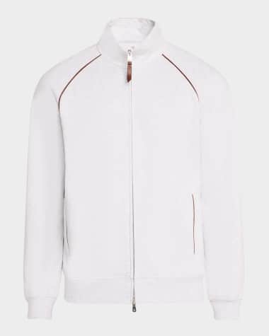 Brunello Cucinelli Men's Full-Zip Hoodie with Leather Trim