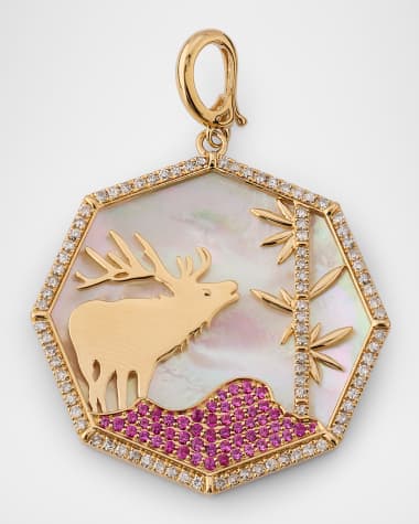 Kastel Jewelry 14K Yellow Gold Summit Octagon Moose Pendant with Diamonds, Pink Sapphires, and MOP