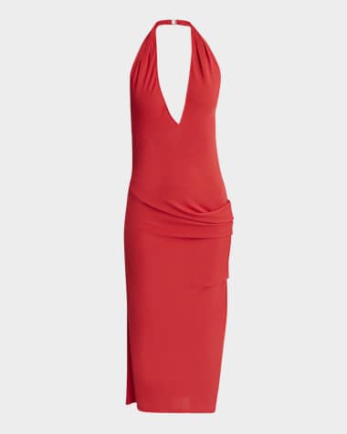 Jacquemus Pasadena Gathered Plunging Halter Midi Dress