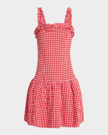 Ganni Ruffled Stretch Seersucker Mini Dress