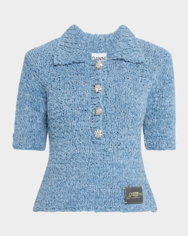 Ganni Hand-Knit Denim Polo Top