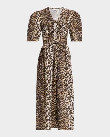 Ganni Leopard Tie-Front Midi Dress