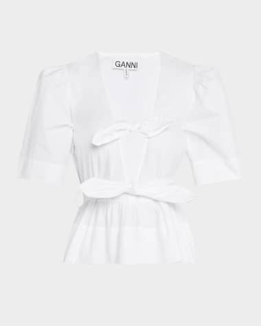 Ganni Stretch Cotton Tie-Front Blouse
