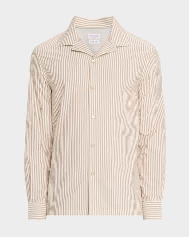 Brunello Cucinelli Men's Stripe Cabana-Collar Casual Button-Down Shirt