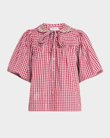 Damson Madder Mila Puff-Sleeve Gingham Blouse