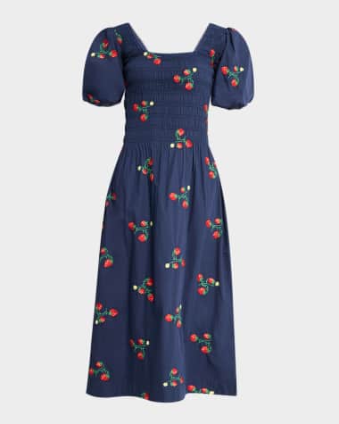 Damson Madder Lauren Strawberry Puff-Sleeve Midi Dress