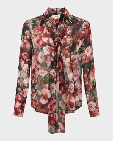 L'Agence Basil Floral Blouse with Neck Scarf
