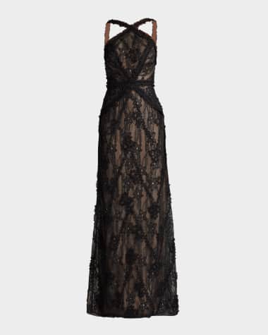 SHO by Tadashi Shoji Backless Ruffle-Trim Lace Gown