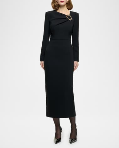 Roland Mouret Buckle Long-Sleeve Crepe Midi Dress