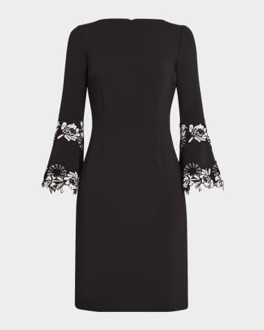 Rickie Freeman for Teri Jon Bell-Sleeve Floral Applique Crepe Dress