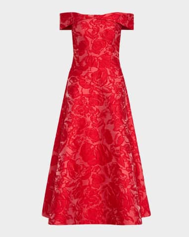 Rickie Freeman for Teri Jon Off-Shoulder Floral Jacquard Midi Dress