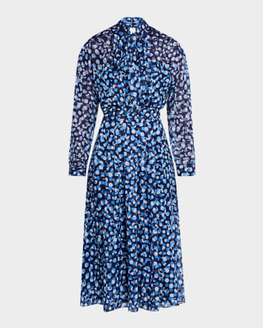 Rickie Freeman for Teri Jon Tie-Neck Polka Dot Chiffon Midi Dress