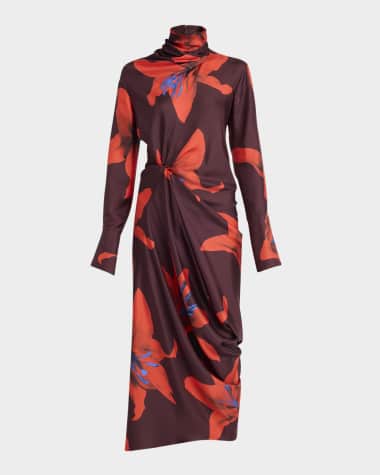 McQueen Turtleneck Floral Twisted Long-Sleeve Midi Dress