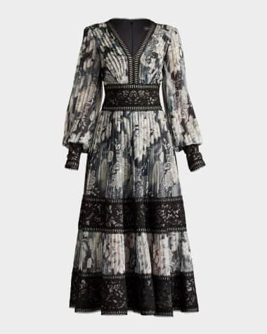 Tadashi Shoji Pleated Lace Tiered Floral-Print Midi Dress