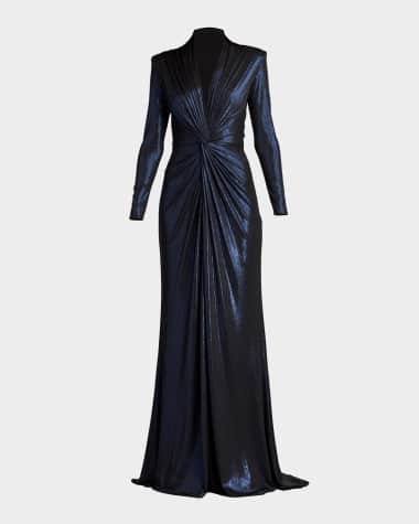 Tadashi Shoji Twist-Front Metallic Jersey Column Gown