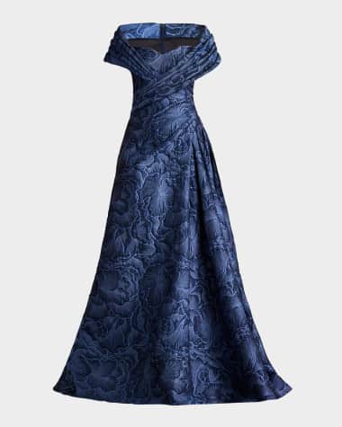 Tadashi Shoji Pleated Off-Shoulder Floral Jacquard Gown