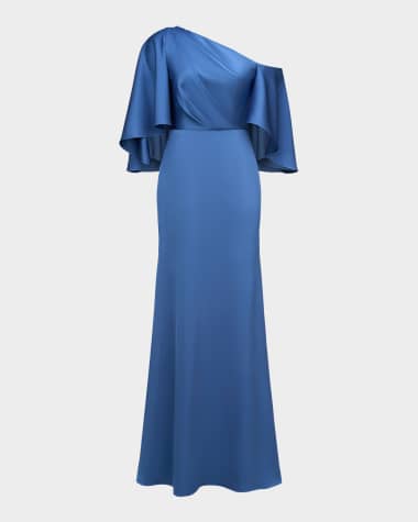 Theia Kia One-Shoulder Cape Gown
