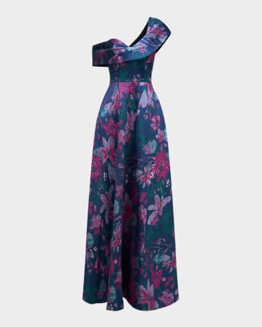 Theia Angelica Asymmetric Floral-Print Gown