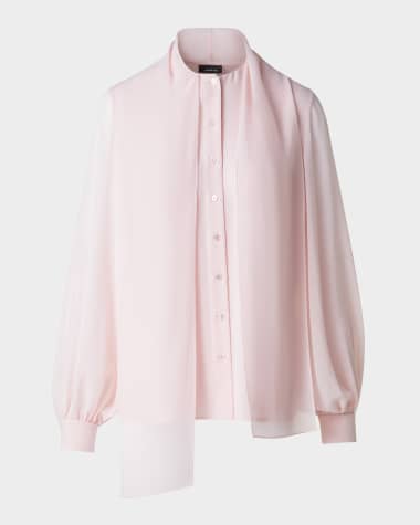 Akris Button-Down Silk Georgette Scarf Blouse