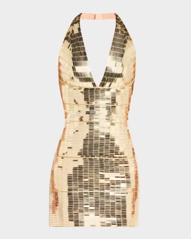 Roberto Cavalli Sequined Plunging Halter Mini Dress