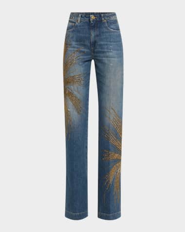 Roberto Cavalli Beaded Straight-Leg Denim Trousers