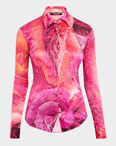 Roberto Cavalli Rose-Print Crinkle Silk Collared Shirt