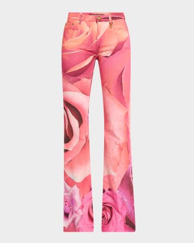 Roberto Cavalli Rose-Print Flare Denim Trousers