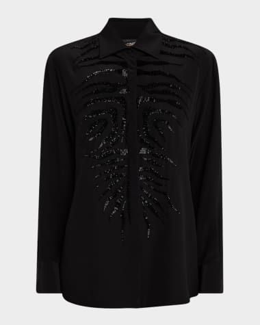 Roberto Cavalli Tiger Beaded Silk Button-Down Shirt
