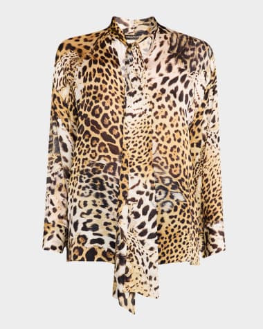 Roberto Cavalli Jaguar-Print Silk Neck-Tie Blouse