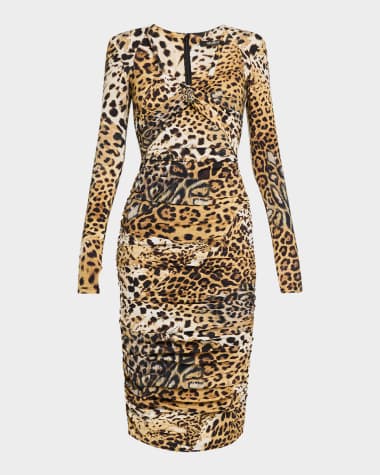 Roberto Cavalli Jaguar-Print Jersey Strappy Midi Dress