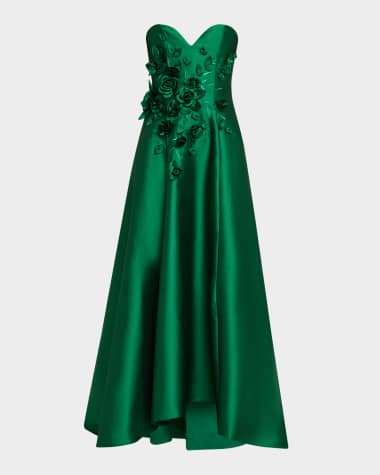 Badgley Mischka Collection Strapless Floral Applique Gazar Gown