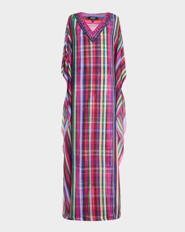 Badgley Mischka Collection Bead-Trim Striped Georgette Caftan
