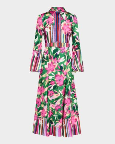 Badgley Mischka Collection Belted Floral & Stripe-Print Maxi Shirtdress