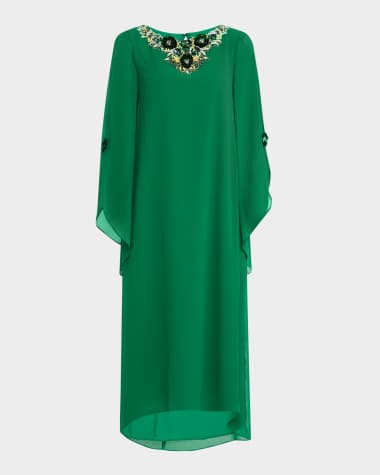 Badgley Mischka Collection Beaded High-Low Gerogette Caftan Midi Dress