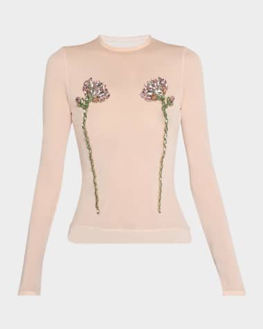 Simone Rocha Sheer Fitted Ballet Mesh Crystal Flowers Top