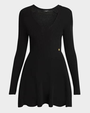 Balmain Plunging Long-Sleeve Rib Knit Mini Dress